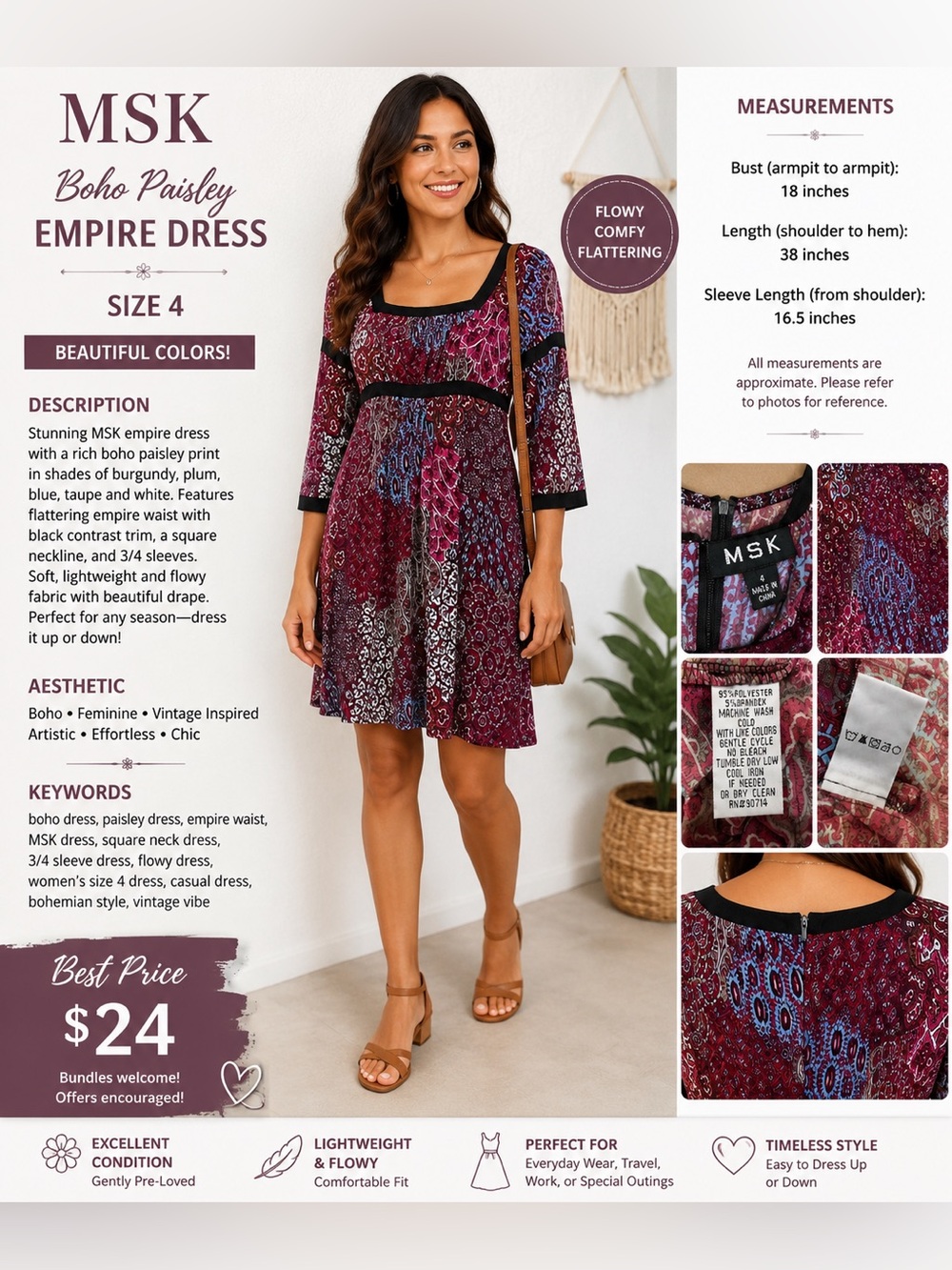 MSK Burgundy Pink Patterned Square-Neck Midi Dress with Black Trim